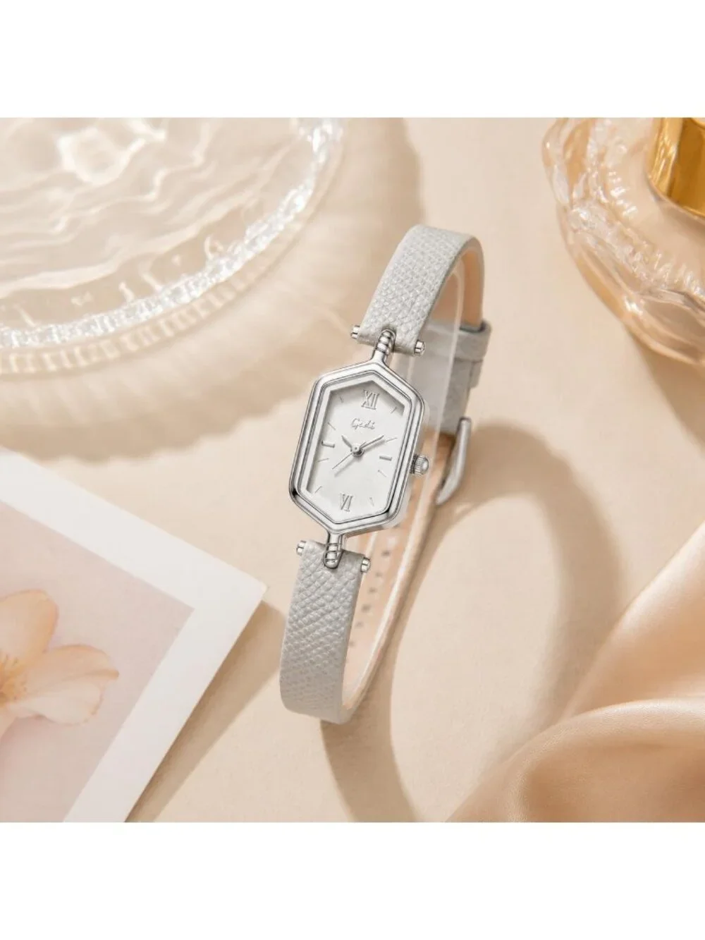 Women's Gray Blue Vintage Slim Leather Strap Bracelet Hexagon Case Wrist Watch